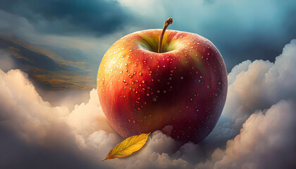 Czerwone jabłko, abstrakcja w chmurach - obrazy, fototapety, plakaty
