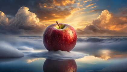 Surrealistyczny krajobraz, czerwone jabłko - obrazy, fototapety, plakaty