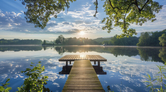 A wooden dock extends over a tranquil lake, reflecting the clear blue sky above on a sunny day