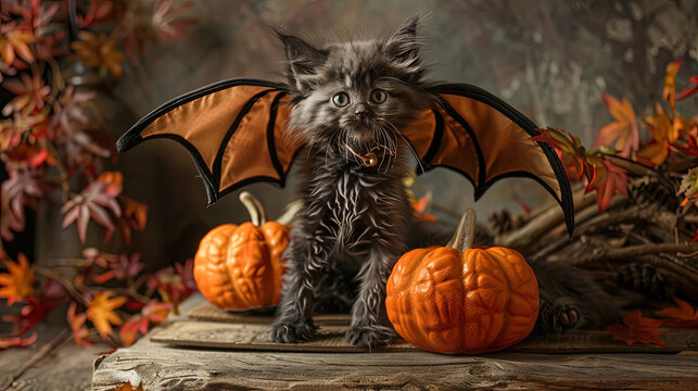 A fluffy black kitten with faux bat wings sits next to vibrant pumpkins, surrounded by autumn leaves