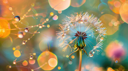 Close-up of a dandelion covered in tiny water droplets, sparkling in the sunlight - obrazy, fototapety, plakaty