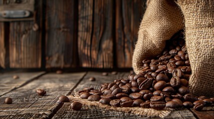 Coffee beans in a burlap bag on a wooden background - obrazy, fototapety, plakaty