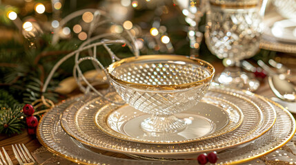 A festive dinner table adorned with golden plates, glassware, and Christmas decorations illuminated by soft lights
