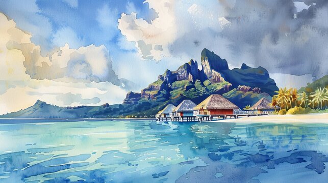 A watercolor illustration depicting a beach with a hut in the foreground and majestic mountains in the background. The scene captures the essence of a tropical paradise.