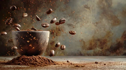 Poster Coffee beans in a bowl with ground coffee over grunge background, copy space © Katsiaryna