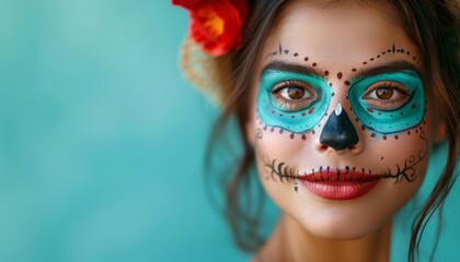 Day of the dead skeleton face painting background with ample space for text placement