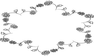 floral frame for your design, flower frame ring, daisy garland black and white line hand drawn in block line