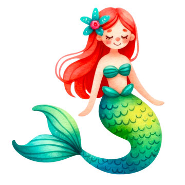 Colorful Mermaid-Themed  Clipart, A vibrant collection of mermaid with additional charming underwater elements, perfect for creative projects, Rainbow Mermaid, mermaid watercolor

