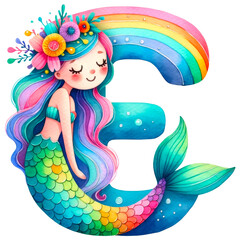 Rainbow Mermaid-Themed Alphabet and Numbers Clipart, A vibrant collection of mermaid-inspired letters and numbers with additional charming underwater elements, perfect for creative projects, 
