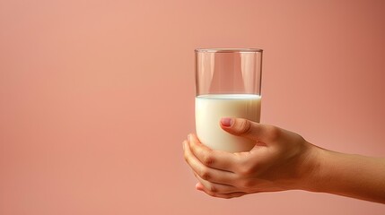 Side view of hand holding glass of milk on pastel background with space for text