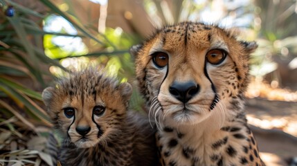 Male cheetah and cub portrait with empty space on left for text, object on right side
