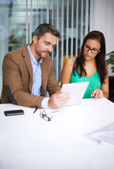 Discussion, agenda and business people with tablet planning for online proposal, ideas and collaboration. Teamwork, man and woman in office brainstorming with digital app, website or pitch on email