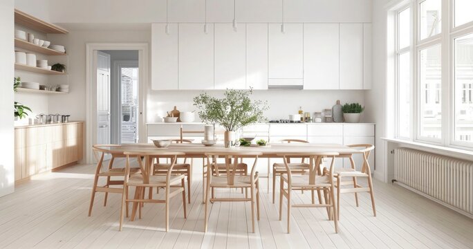 wood and white surfaces decorated kitchen with dining table. Scandinavian basic home interior. 