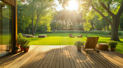 Beautiful garden with seating and lush greenery, captured from the perspective of wood large patio area - 758783125