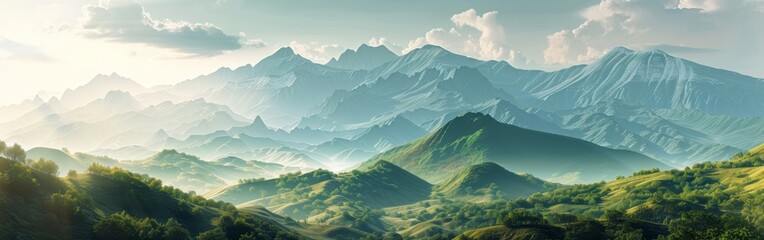 A detailed painting capturing a majestic mountain range adorned with vibrant green trees. The artwork showcases the grandeur of the mountains and the lush foliage of the trees. - obrazy, fototapety, plakaty