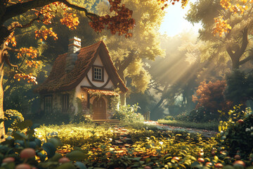 Enchanted forest cottage at sunrise - obrazy, fototapety, plakaty