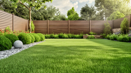 green grass lawn, plants and wooden fence in modern backyard patio - 758783192
