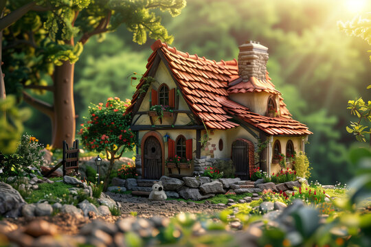 Enchanted forest cottage at sunset