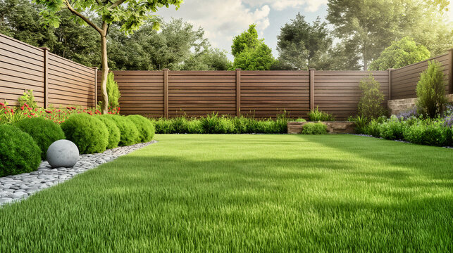 green grass lawn, plants and wooden fence in modern backyard patio