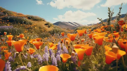 Zelfklevend Fotobehang Generative AI A panoramic view of a field filled with California poppies and lupines, a sight of colorful spring wildflowers. © vadosloginov