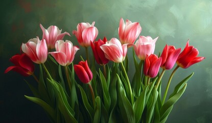 Vibrant red and pink tulips in a vase against a lush green background, a colorful spring floral arrangement