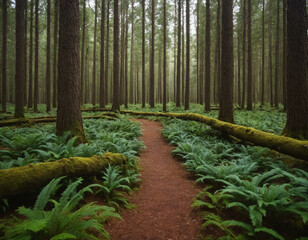 Misty Forest Path with Moss-Covered Logs and Ferns