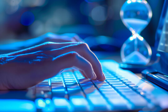 close-up of hands typing frantically on a keyboard against a backdrop of soothing blue tones, with an hourglass nearby serving as a constant reminder of the pressing need to manage