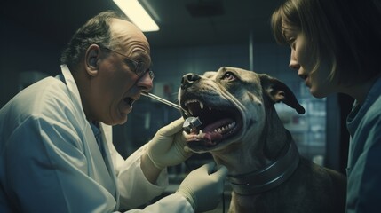 Generative AI Veterinarian conducting a dental check on a dog, professional demeanor, dental tools in use, clinic backdrop