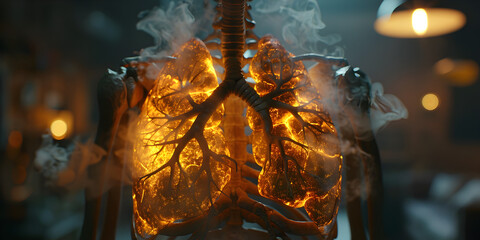 Glowing Lung human body scan with glowing lungs and trachea Smoke blue background - obrazy, fototapety, plakaty
