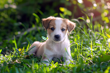 Cute little puppy sitting on green grass in sunlight - 758783773