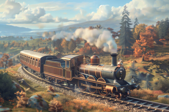 Vintage train journey through autumn countryside