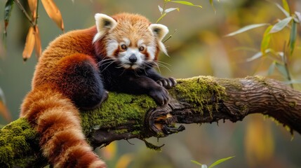 A red panda is comfortably perched on a tree branch, showcasing its vibrant red fur and adorable...