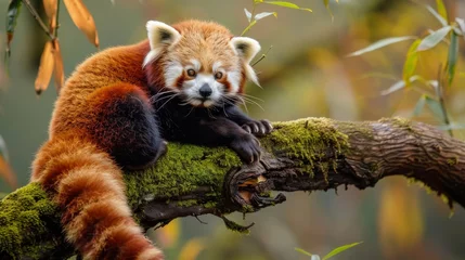  A red panda is comfortably perched on a tree branch, showcasing its vibrant red fur and adorable face. The small mammal seems at ease as it balances on the sturdy branch, surrounded by lush green leav © vadosloginov