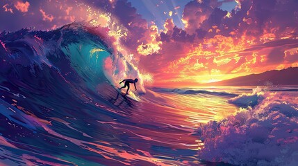 An artistically vibrant image of a surfer on a dynamic wave at sunset.
