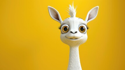 Fototapeta premium A whimsical creature resembling a llama with large, expressive eyes against a yellow backdrop.