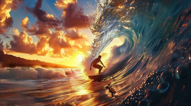 A surfer riding a powerful wave at sunset, with vivid colors and dynamic motion.