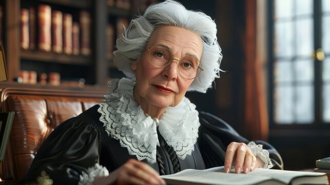 Animated elderly woman in judge's robes studying a book.