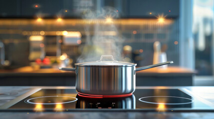 Concept of cooking in a modern kitchen pan on an induction stove. Copy space