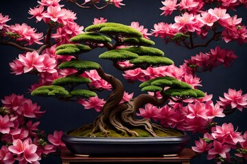 tree in a garden, Immerse yourself in the mesmerizing beauty of nature with an AI-generated image showcasing an ultra-detailed and realistic wallpaper featuring the lush leaves of an azalea bonsai tre - obrazy, fototapety, plakaty