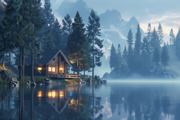 Fototapeta premium Serene lakeside cabin at twilight