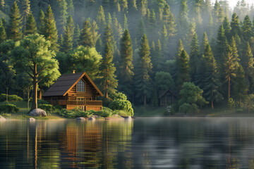Tranquil lakeside cabin at sunrise - obrazy, fototapety, plakaty
