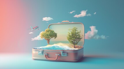 3D render of a travel suitcase with a summer landscape inside, a fantasy world illustration, isometric with a solid background color