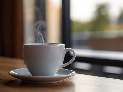 Close up view of a hot cup coffee on a wooden table with blurred background
