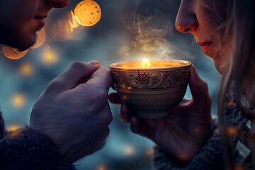 Man and Woman Holding Cup With Candle - obrazy, fototapety, plakaty
