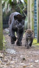 Fototapeta premium Portrait of male panther and cub with spacious area on the left ideal for adding text