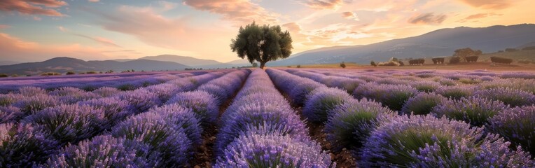 A lone tree stands tall amidst a vast lavender field, bathed in the warm glow of the setting sun.