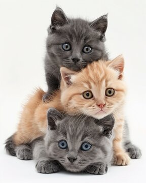Group of cat in front of white background, Three cute cats on top of the head close up