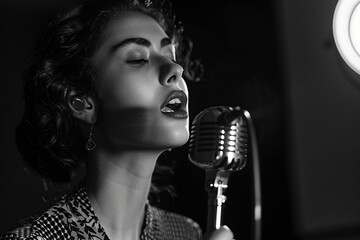 Woman Singing Into Microphone.Black and White