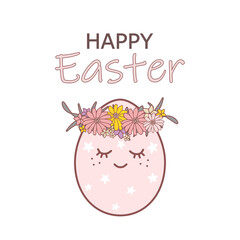 Vector illustration. Happy Easter inscription, Easter egg in a wreath of spring flowers, in pastel colors on a light background. Postcard, invitation, social media