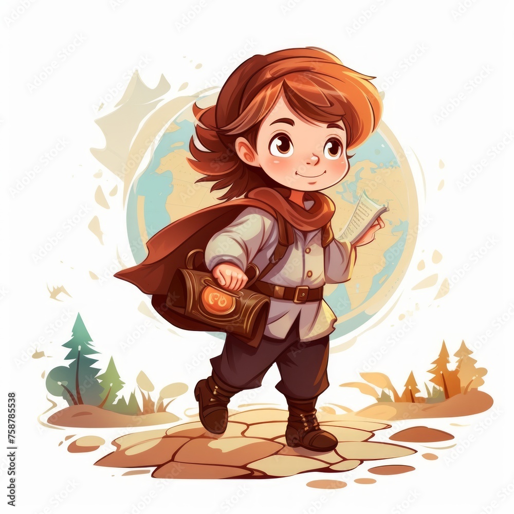 Poster Generative AI A small fairy tale adventurer with a map and compass, on a quest for treasures.
